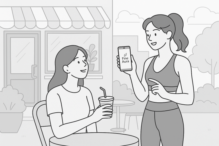 affiche animé, deux femme discutent l'une à un verre en main et ml'autre lui montre son téléphone avec le logo fine aura