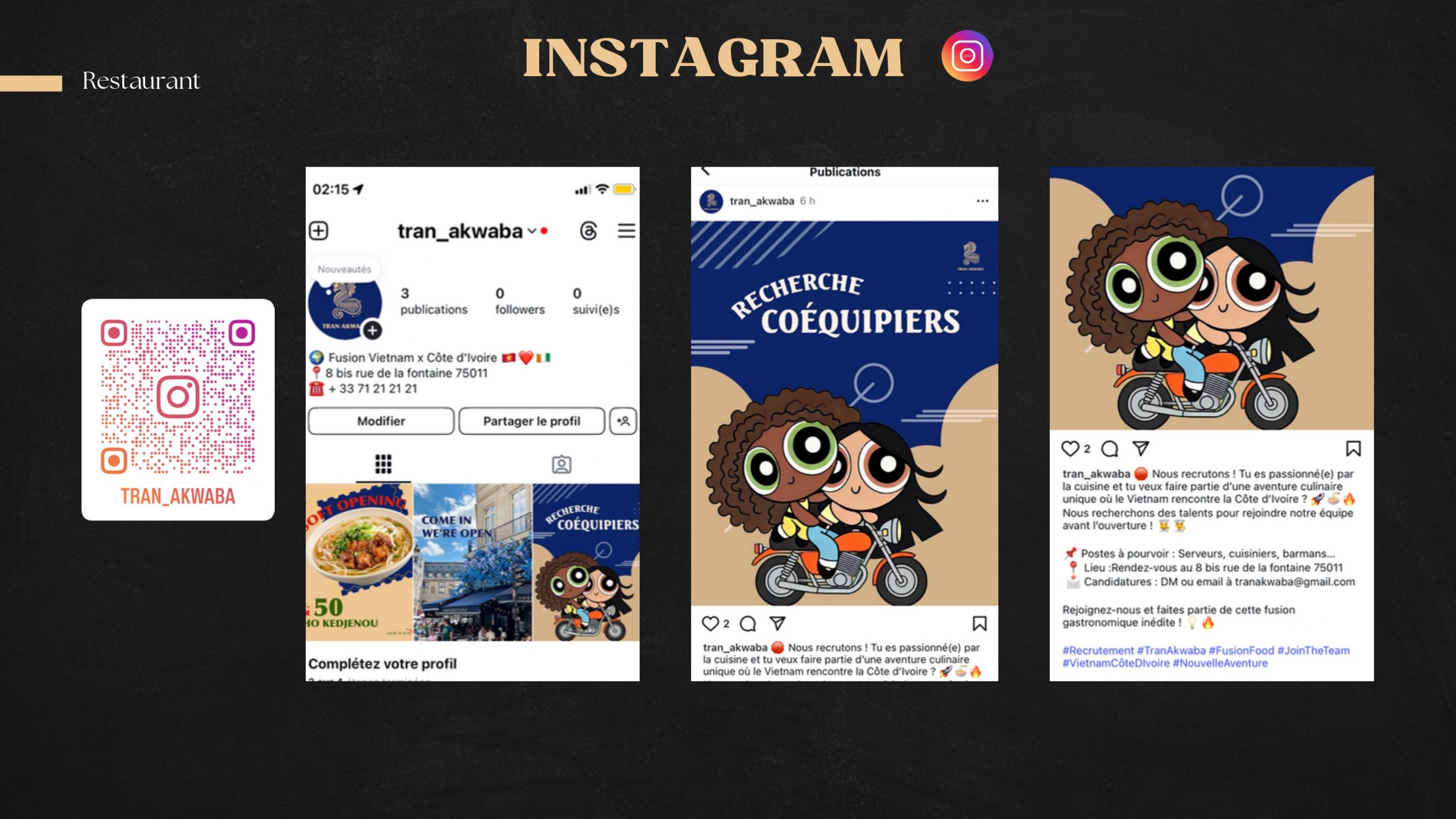 Trois captures d'écrans du réseau social instagram de tranAkwaba